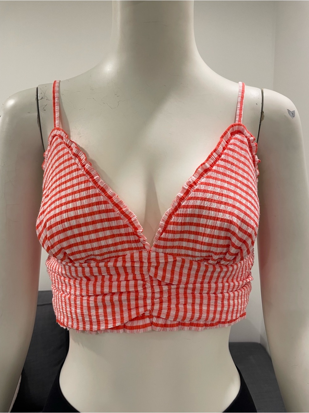 LULUS Striped Halter Top with Plunging Triangle Bodice Frill Detail - Size Small